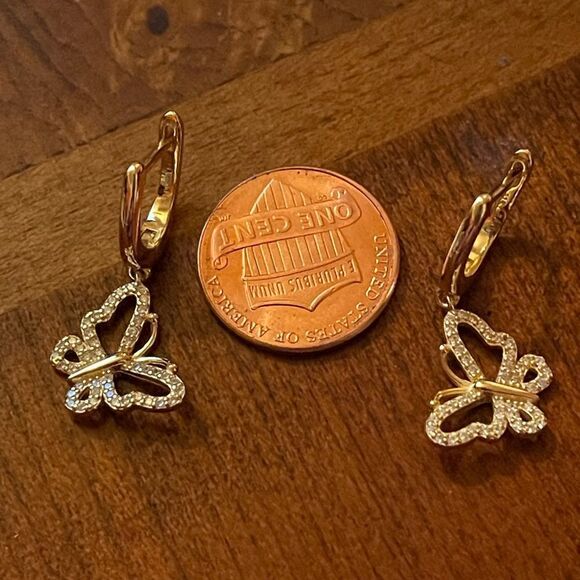 New Sterling silver 14k plated cubic zirconia butterfly dangle earrings - Picture 3 of 5